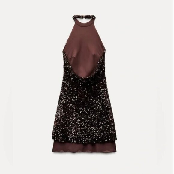 NWT ZARA SEQUIN MINI DRESS OPEN BACK BROWN FESTIVE COLLECTION - Picture 4 of 9